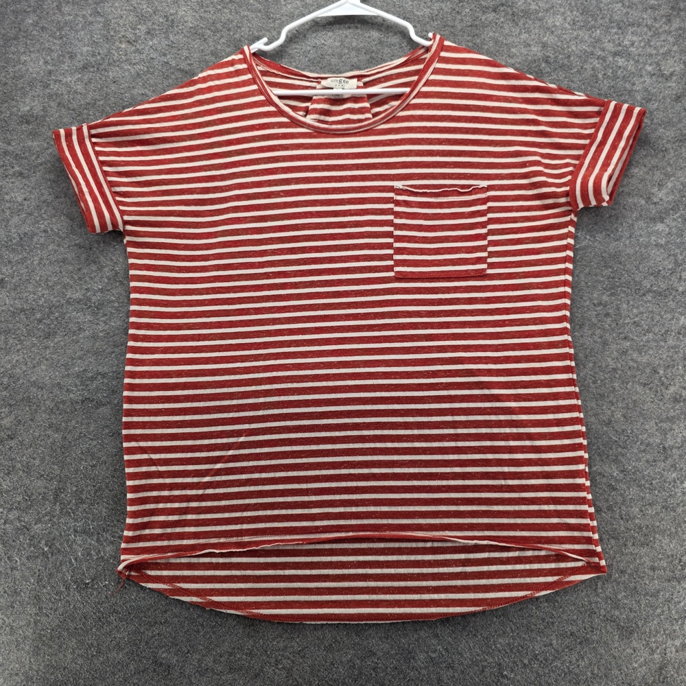 Umgee Shirt Womens Large Red White Striped Pocket High Low Hem Casual Tee Top